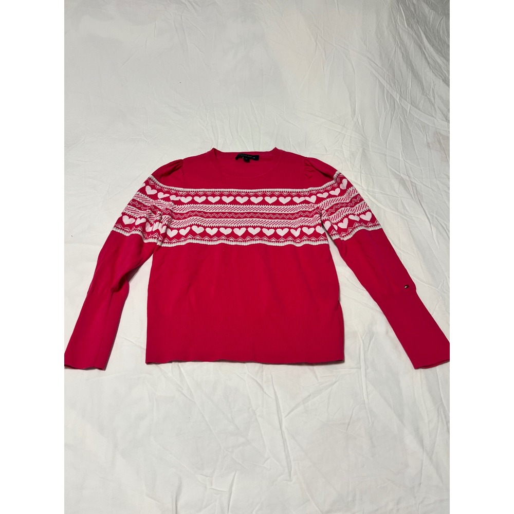 Tommy Hilfiger Pink Heart Fair Isle Sweater Womens Small TJZYNK339A Crewneck